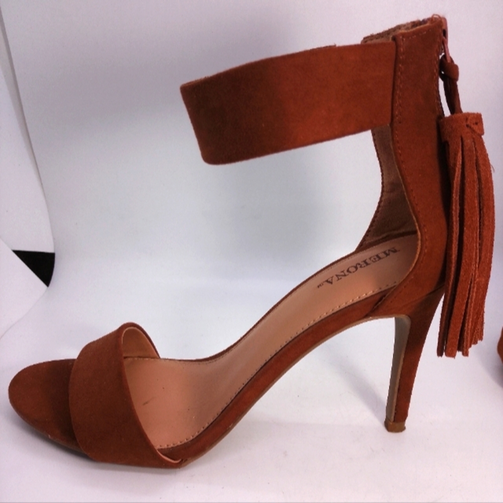 Merona Brown Faux Suede Heeled Shoes Open Toe Ankle Strap